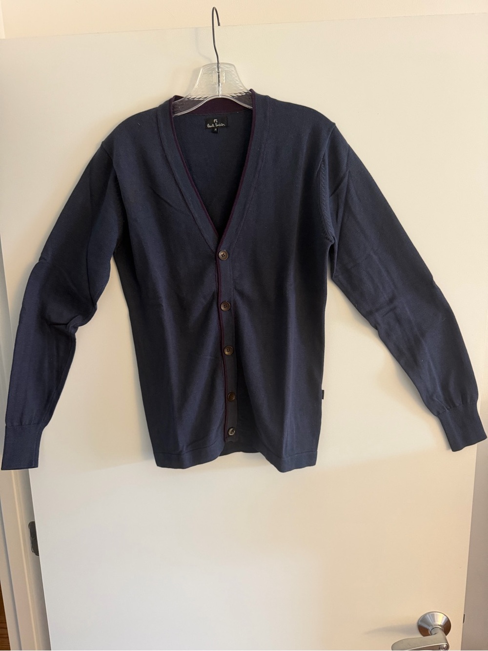 PS Paul Smith Navy Button-Front V-Neck Cardigan with Subtle Burgundy Trim